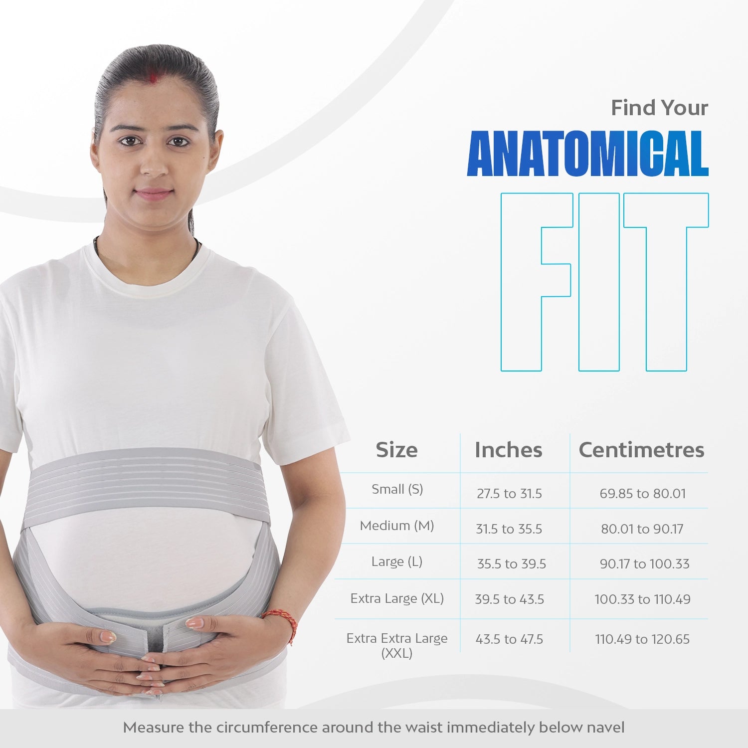 Woman wearing a gray anatomical waist support belt with size chart on a white background