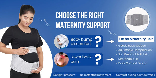 Pregnant woman wearing Ortho Maternity Belt for baby bump discomfort and lower back pain relief