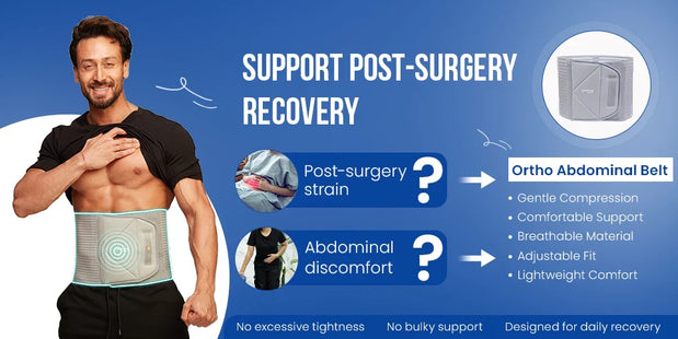 Man wearing Ortho Abdominal Belt for post-surgery strain and abdominal discomfort recovery