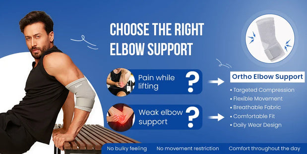Man wearing Ortho Elbow Support for pain while lifting and weak elbow support