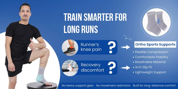 Runner wearing Ortho Sports Ankle Support for runner's knee pain and recovery discomfort