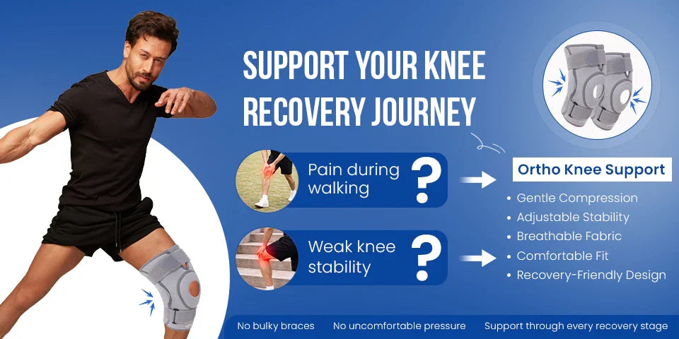 Man wearing Ortho Knee Support for pain during walking and weak knee stability after surgery
