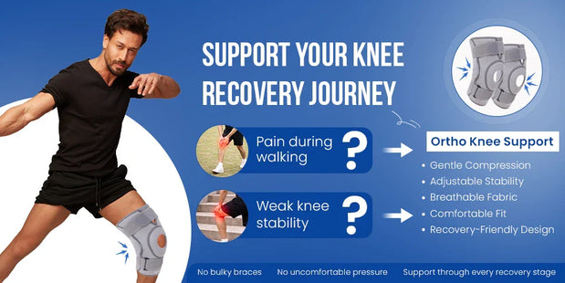 Man wearing Ortho Knee Support for pain during walking and weak knee stability after surgery