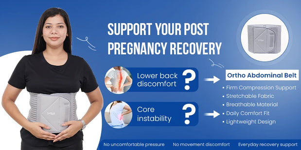 Woman wearing Ortho Abdominal Belt for post pregnancy lower back discomfort