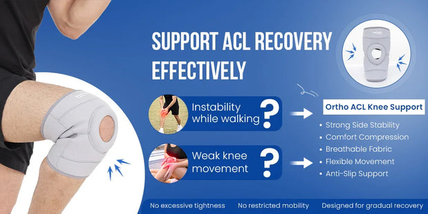Close-up of man wearing Ortho ACL Knee Support for instability while walking and weak knee movement