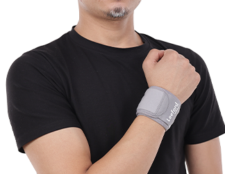 man wear gray wrist brace with leeford branding