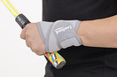 Man wear a gray wrist brace with leeford branding on it