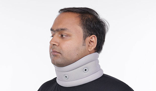 man wear Gray Soft Cervical Collar with Leeford Branding