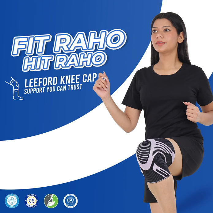Woman wearing a knee cap with Fit Raho Hit Raho branding