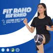 Woman wearing a knee cap with Fit Raho Hit Raho branding