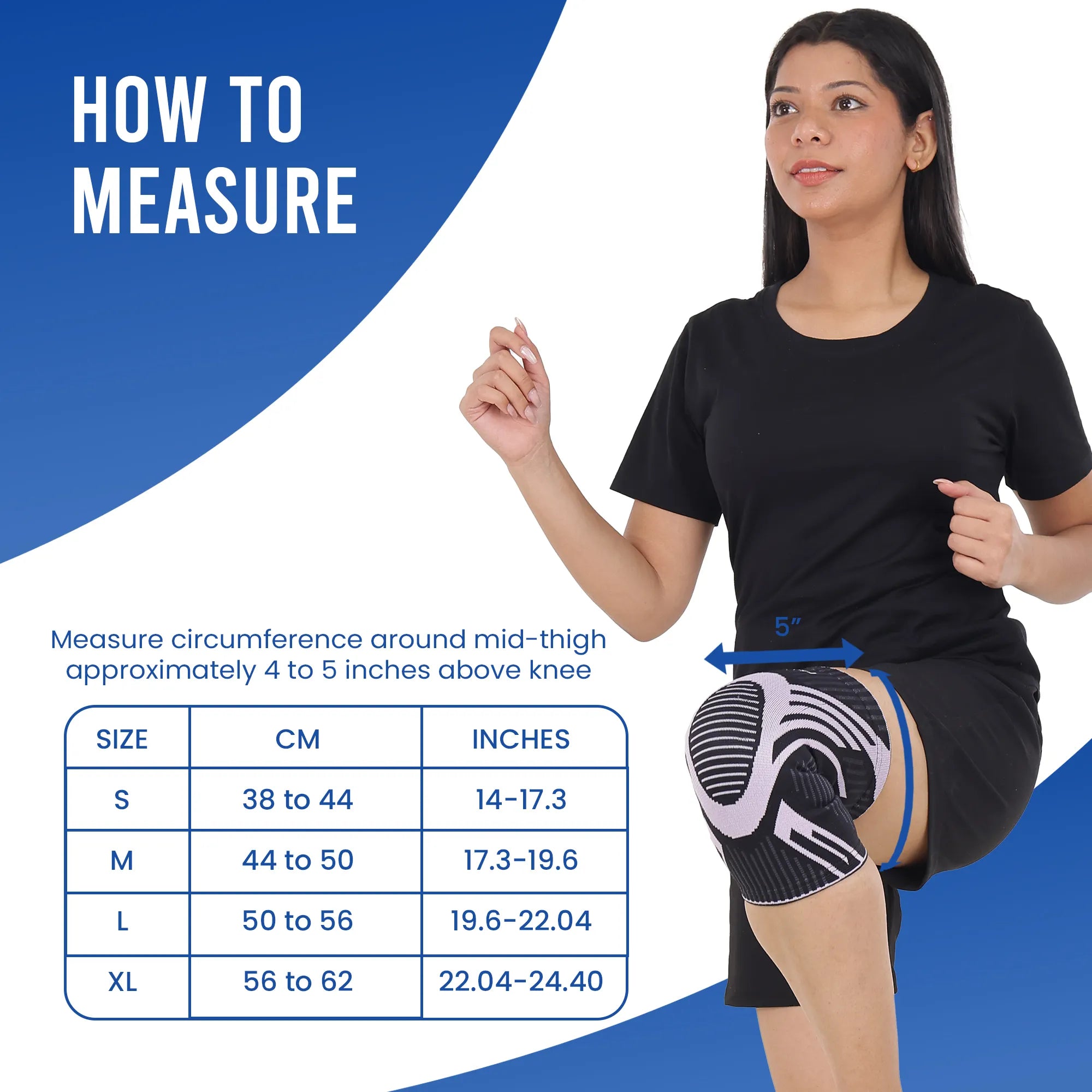 Woman measuring her leg with a knee brace showing a size chart for the brace