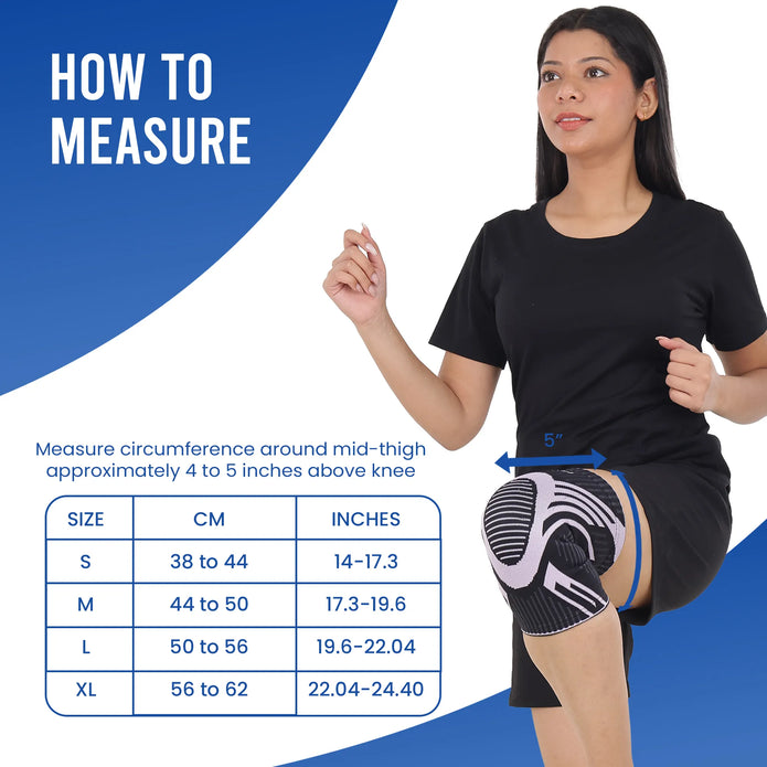 Woman measuring her leg with a knee brace showing a size chart for the brace