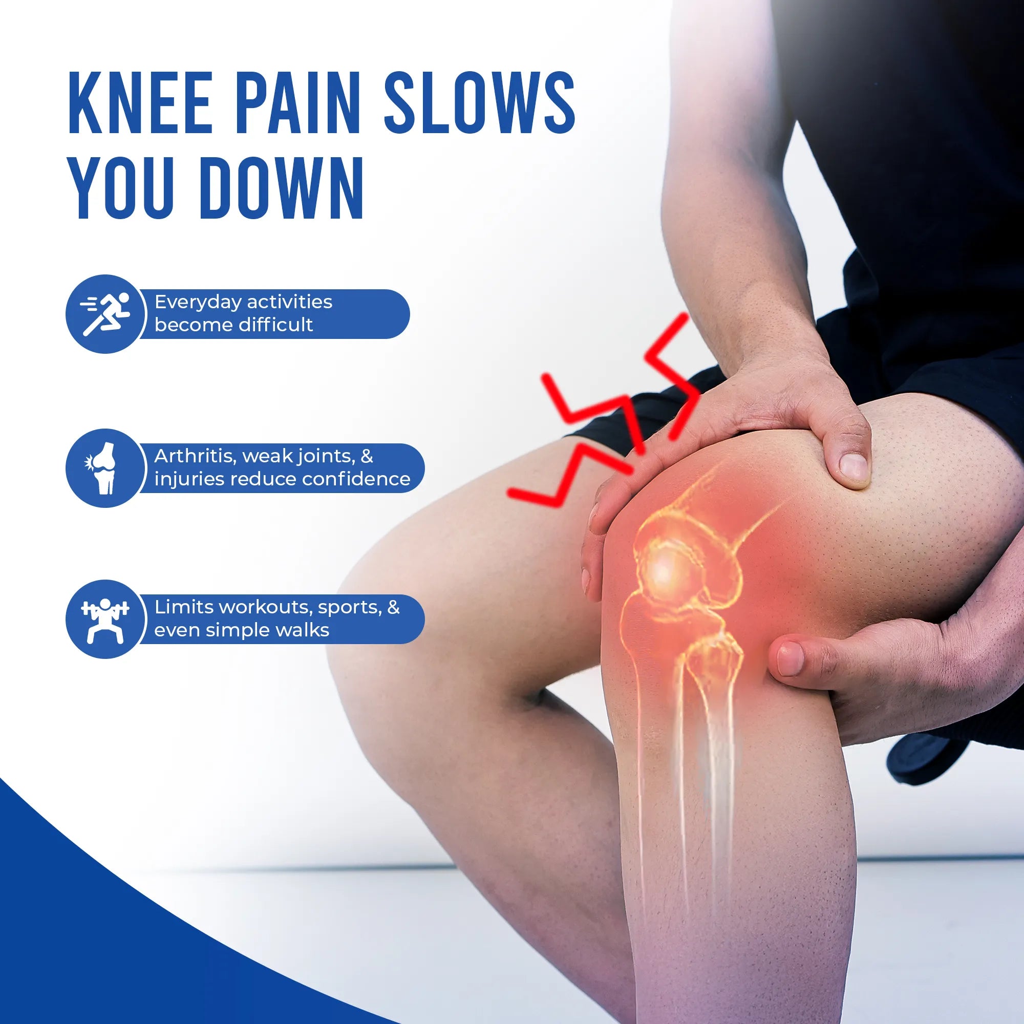 Person holding knee with knee pain illustration and knee pain effects on daily activities