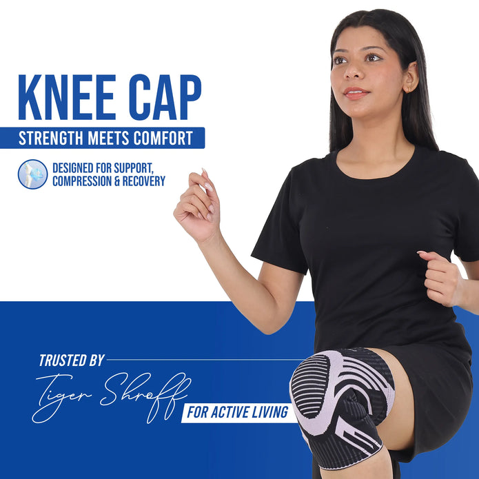 Woman wearing a knee cap with promotional text about support compression recovery
