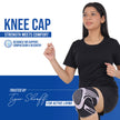 Woman wearing a knee cap with promotional text about support compression recovery