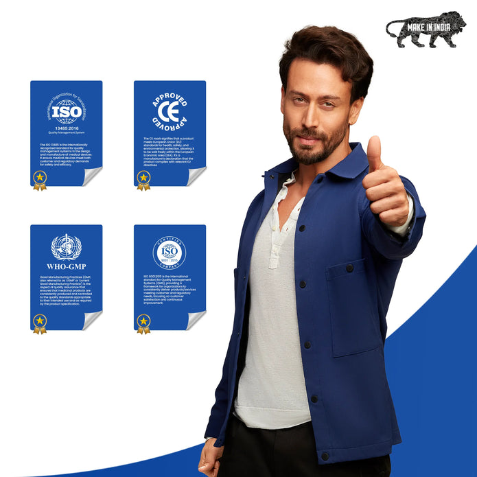 Man in a blue jacket giving a thumbs up with ISO certification logos in the background