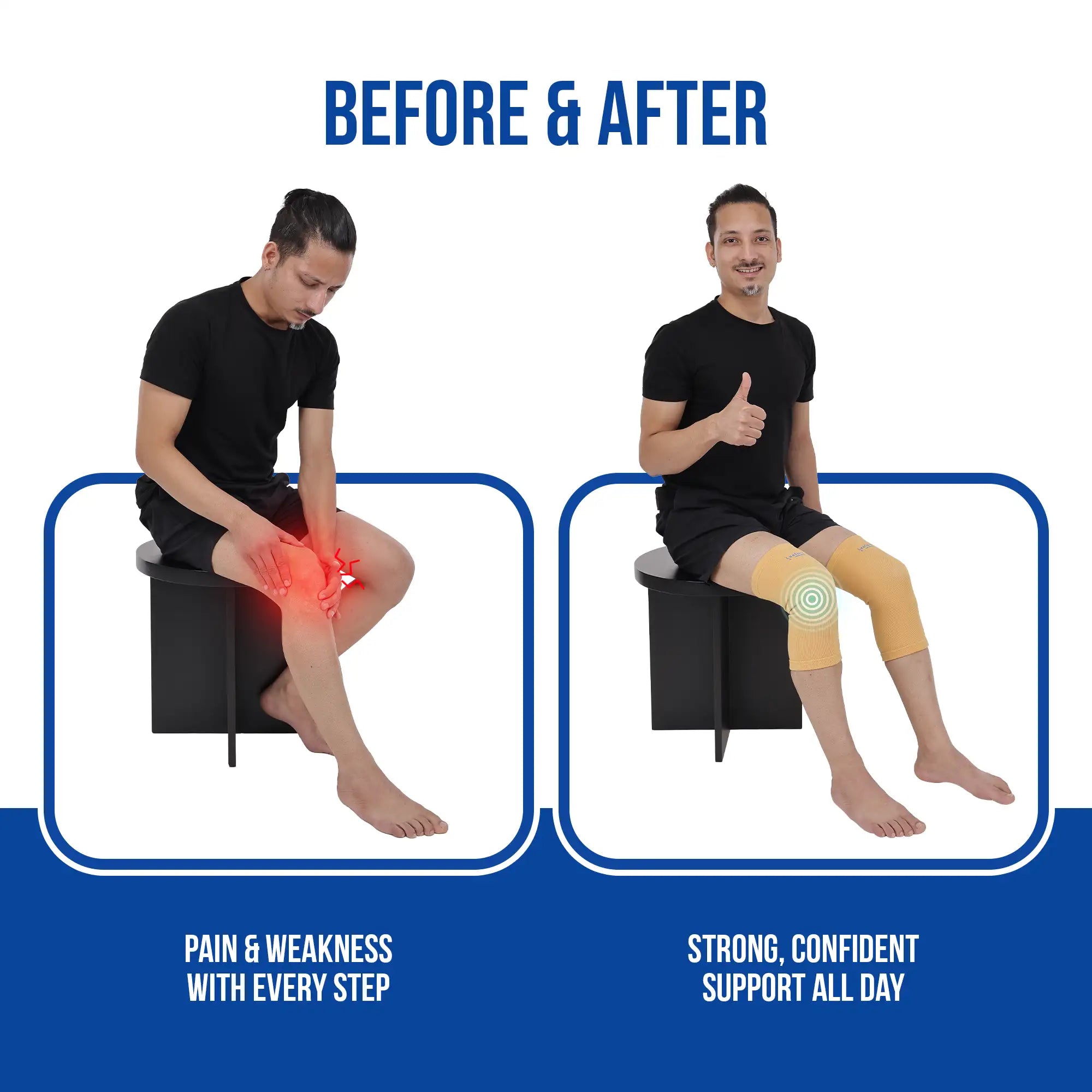Before and after comparison of a person using a plain knee cap