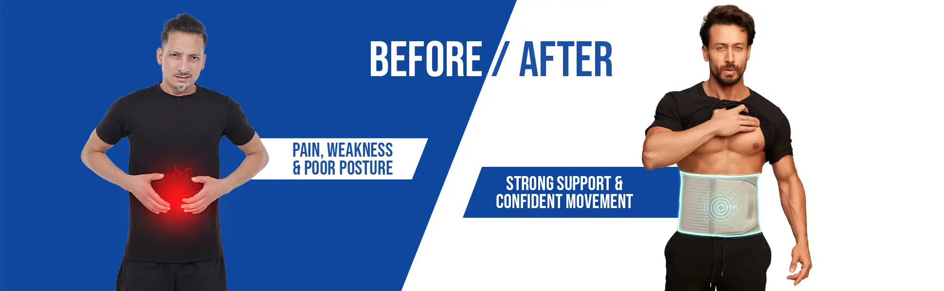 Before and after comparison of a person wearing abdominal support belt