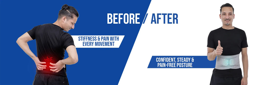 Before and after comparison of a person wearing a lumbo sacral belt