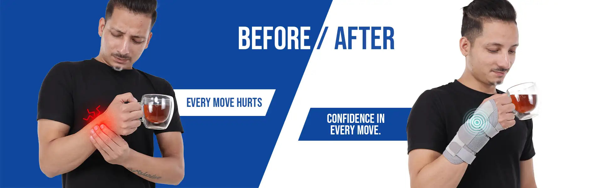 before and after wrist pain effects with Leeford wrist splints