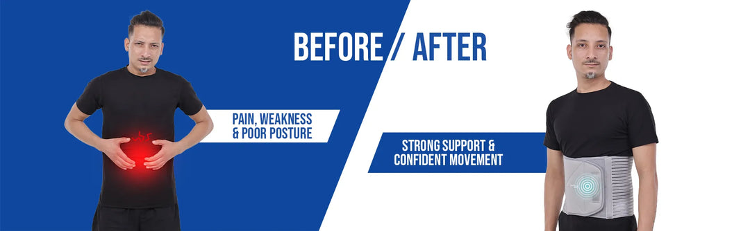 Before and after comparison of a person wearing abdominal support belt