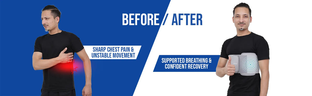 Before and after comparison of a person using a leeford rib belt