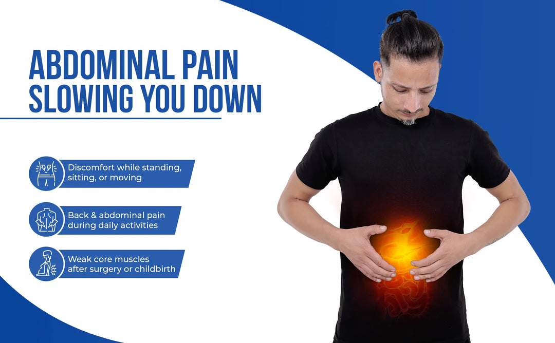 abdominal pain while standing sitting or moving n weak core muscles after surgery