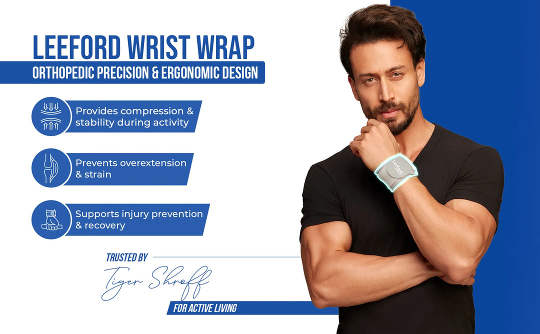 Man wearing a Leeford Wrist Wrap with product features listed