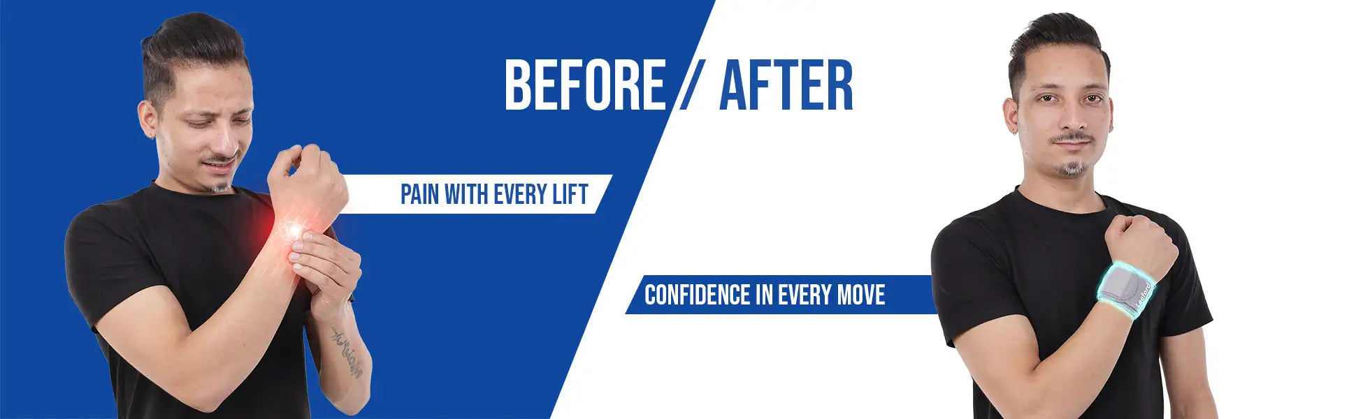 Before and after comparison of a person using wrist wrap neoprene
