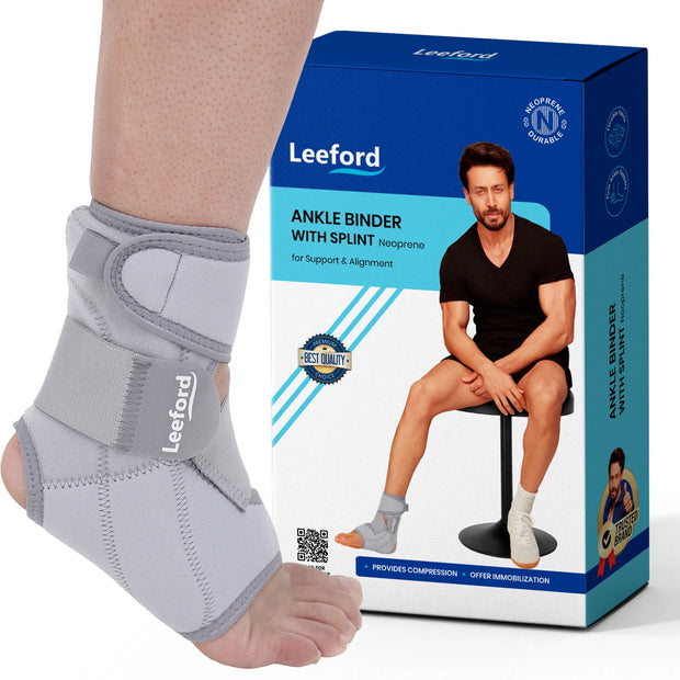 Gray ankle binder with splint and Leeford packaging