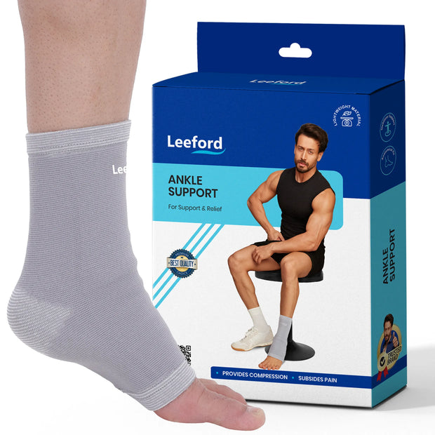 Gray ankle support brace with Leeford packaging on a white background