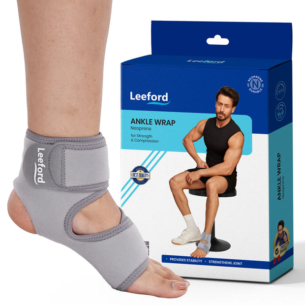 Gray ankle wrap on a foot with Leeford packaging in the background