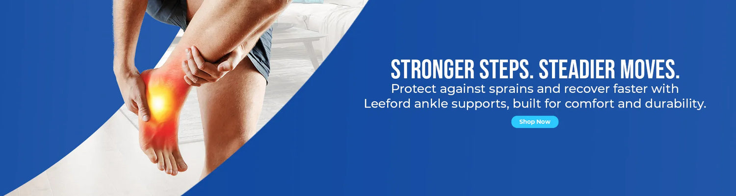 person with a sprained ankle using leeford ankle support on a blue and white background