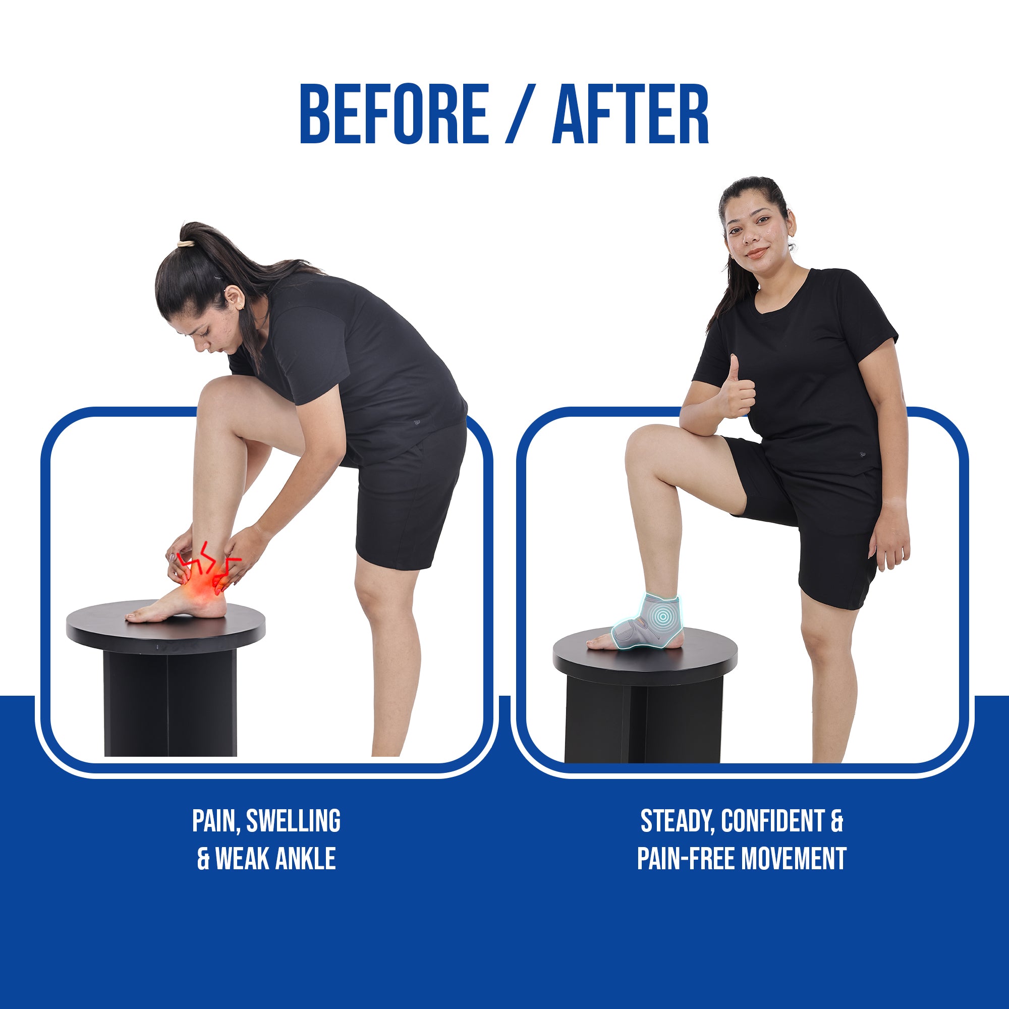 ankle wrap before and after use effects by woman