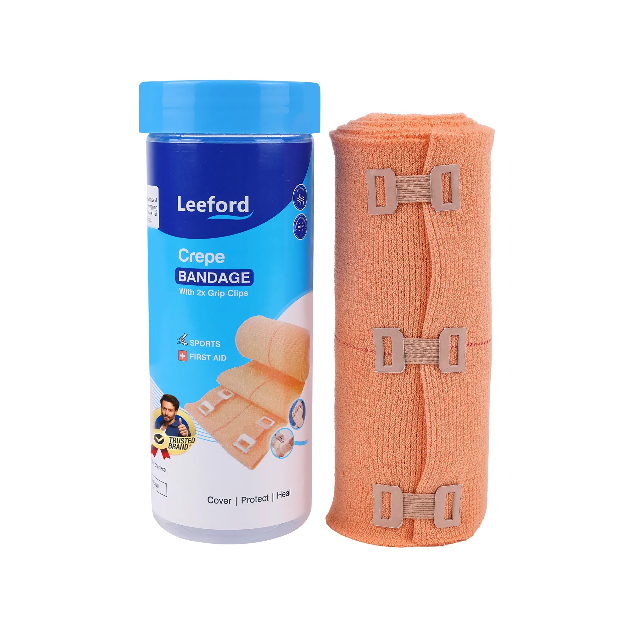 Leeford Crepe Bandage, Elastic Compression Wrap with 2x Grip Clips