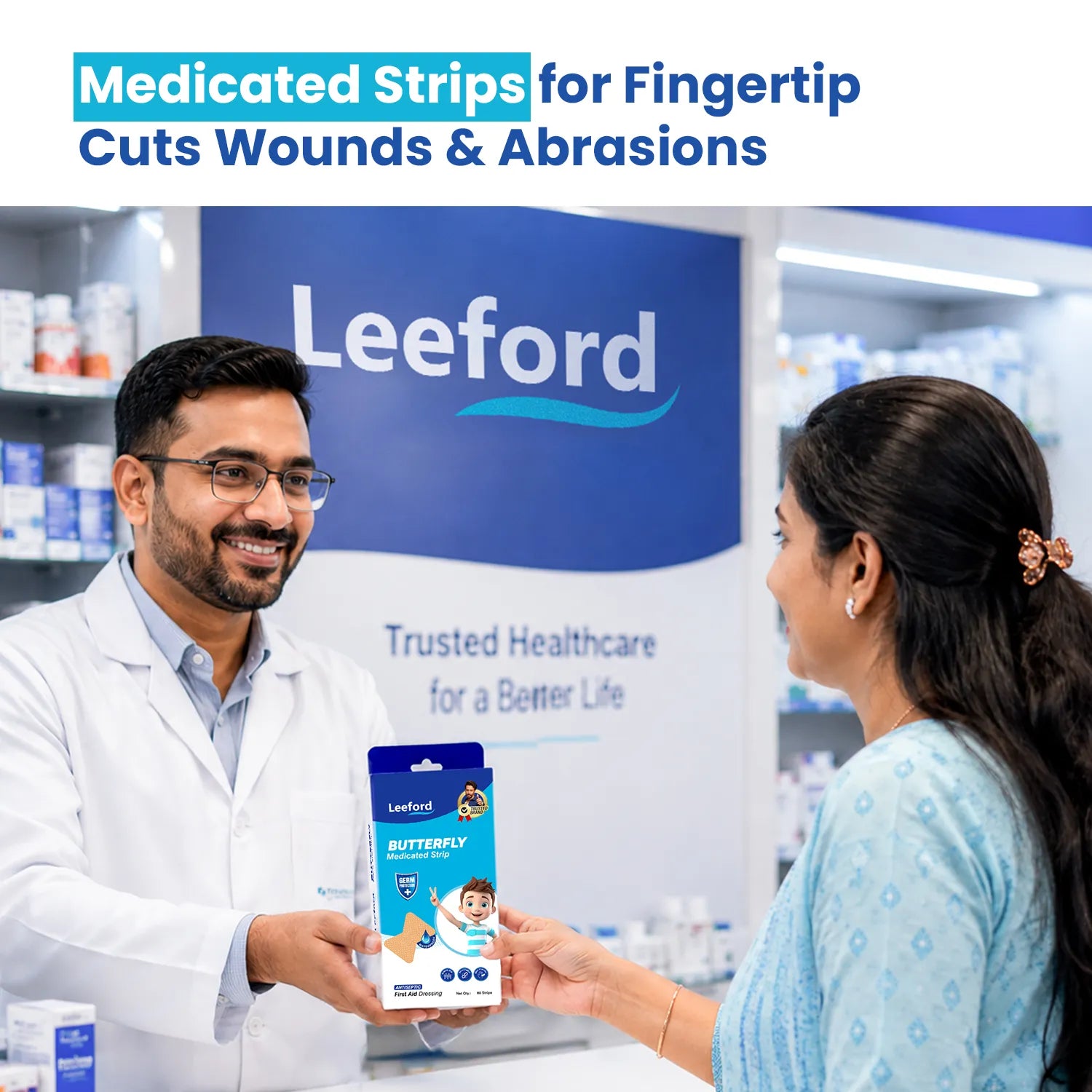 Leeford Fingertip Butterfly Medicated Bandage Strips for Injury, Cuts, Abrasions & Wounds