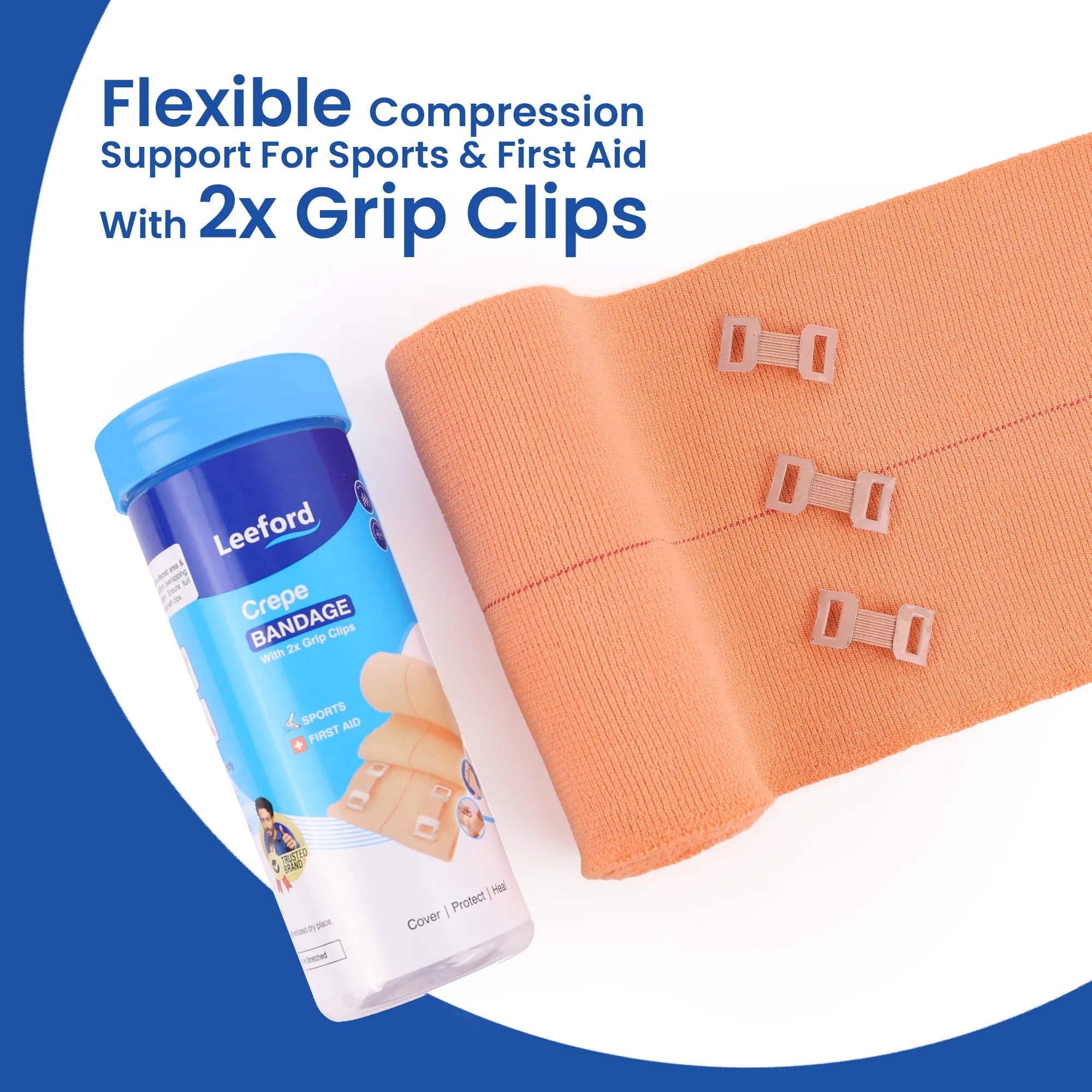 Leeford Crepe Bandage, Elastic Compression Wrap with 2x Grip Clips
