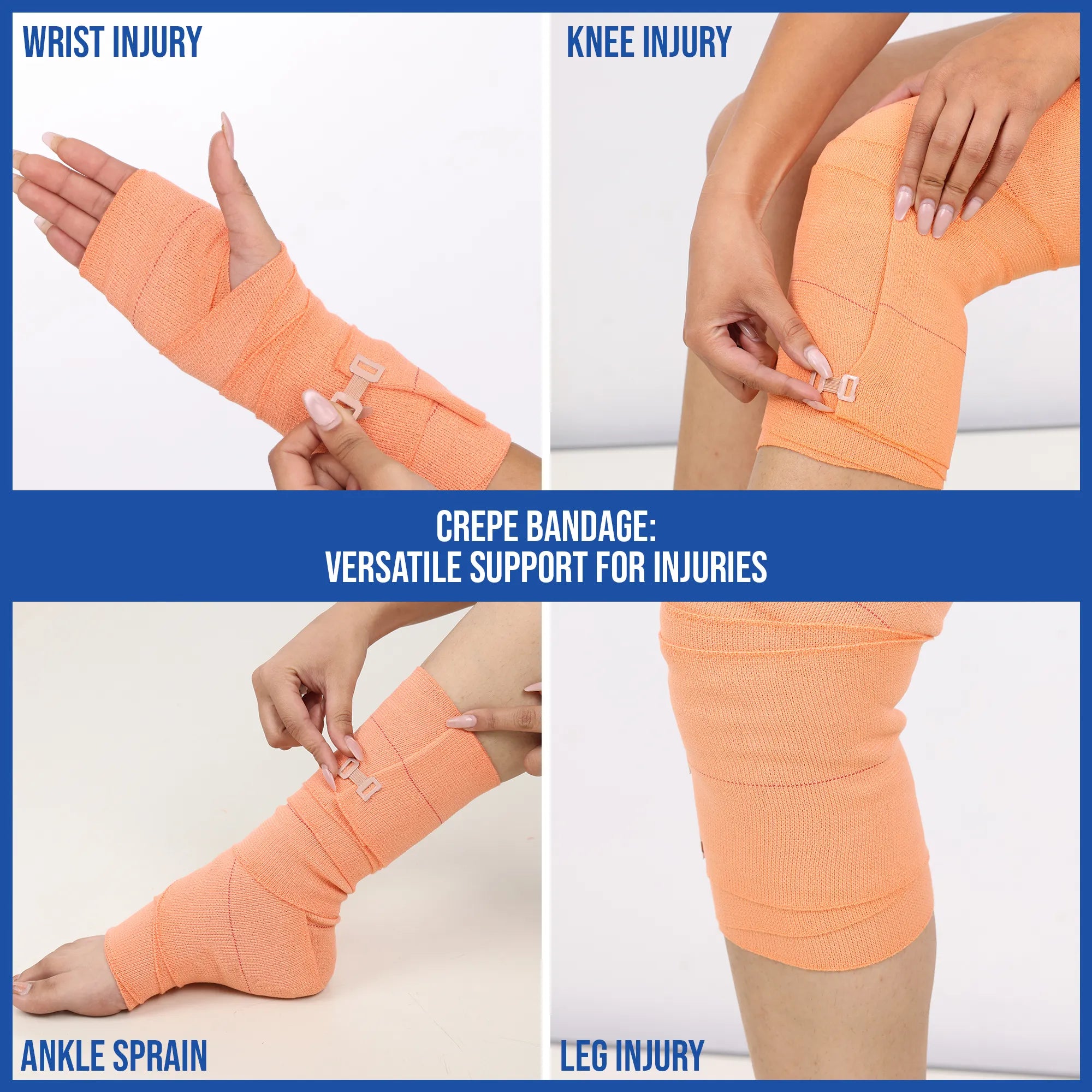 Leeford Crepe Bandage, Elastic Compression Wrap with 2x Grip Clips