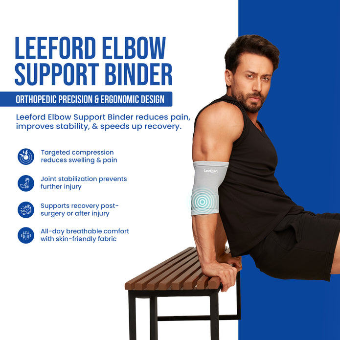 person wearing a leeford elbow support binder with product details