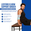 person wearing a leeford elbow support binder with product details