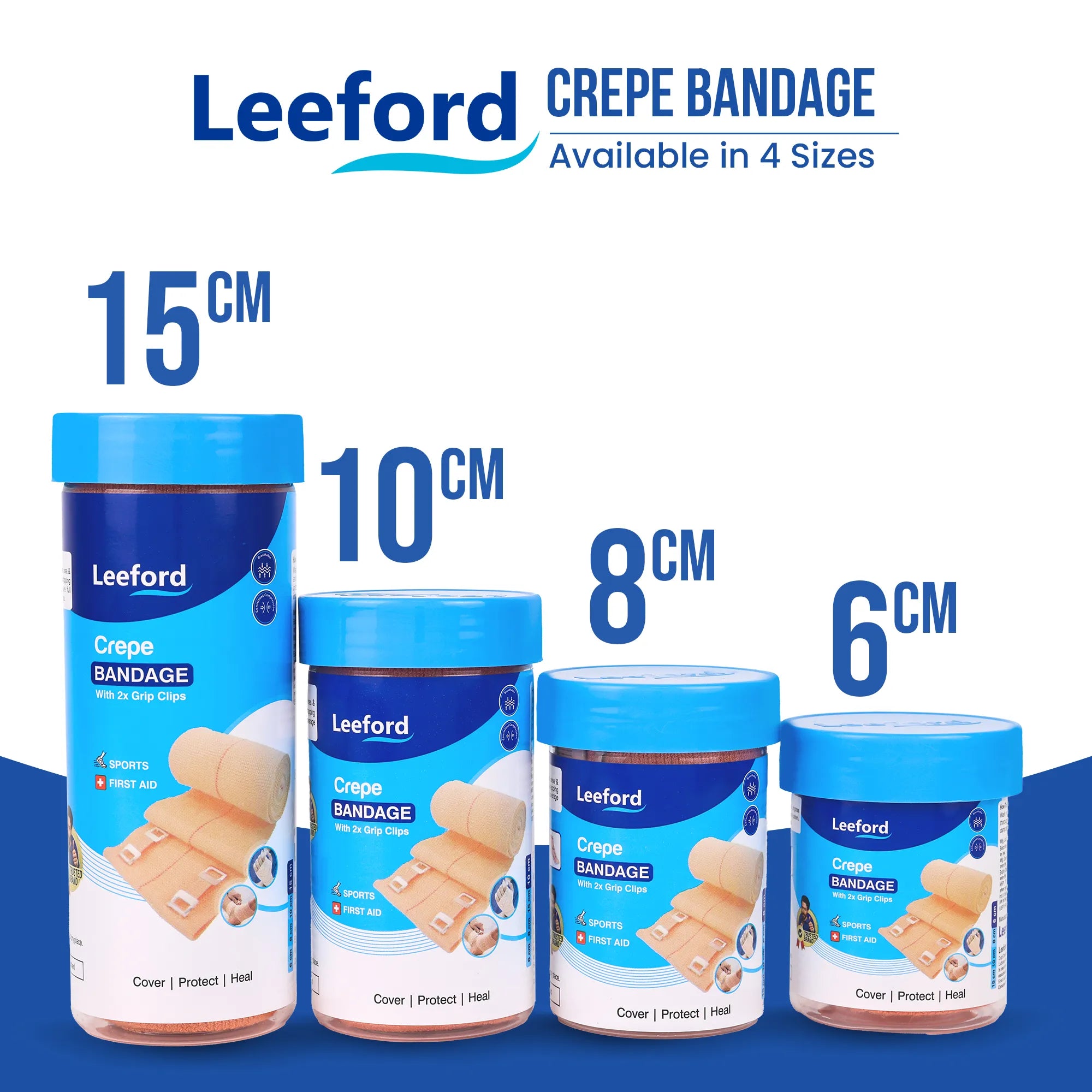 Leeford Crepe Bandage, Elastic Compression Wrap with 2x Grip Clips