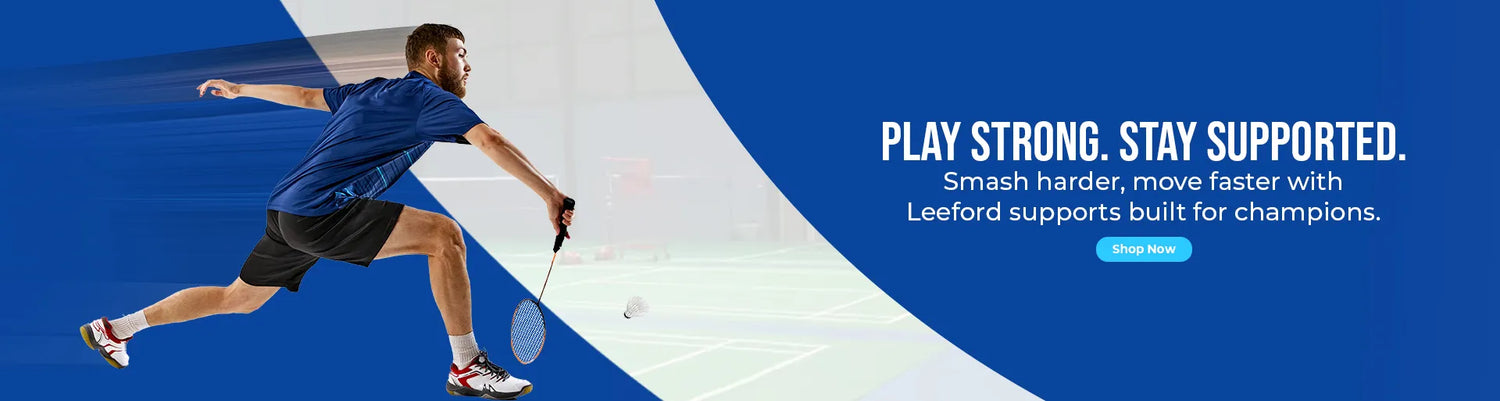 Person playing badminton with promotional text