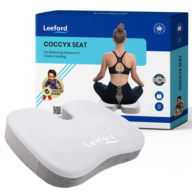 Leeford coccyx seat and packaging with a woman sitting on it