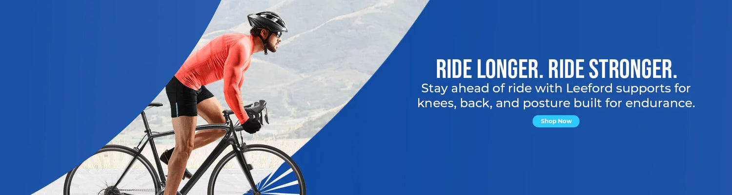 person riding a bicycle with promotional text about leeford products