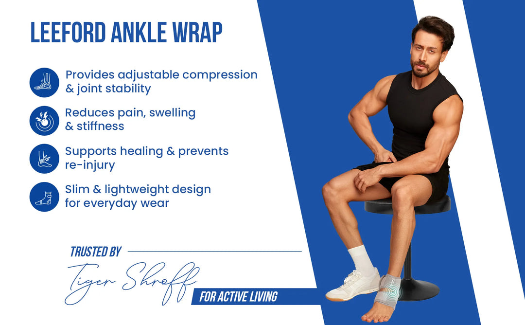 man wearing a Leeford Ankle Wrap with product features listed