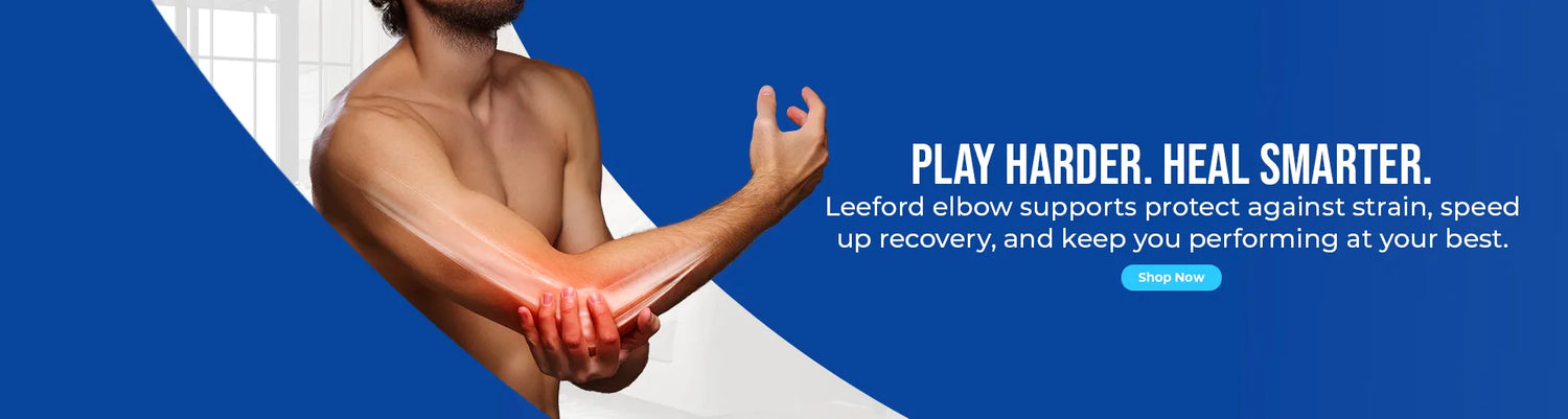 person with a highlighted elbow promoting leeford elbow support