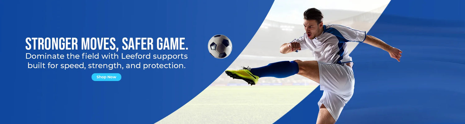 soccer player in action with promotional text about leeford ortho products