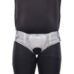 person wear a gray hernia belt