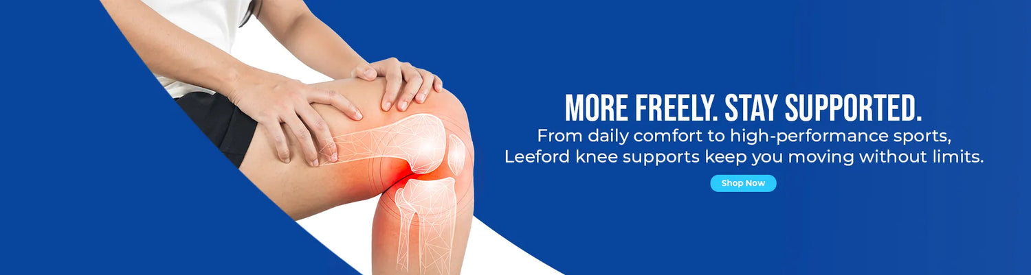 person holding knee with visible knee support blue background with promotional text