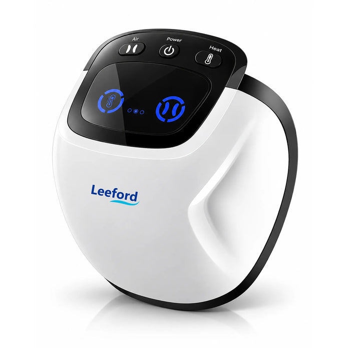a white and black Leeford knee massager with a glossy black control panel blue illuminated icons